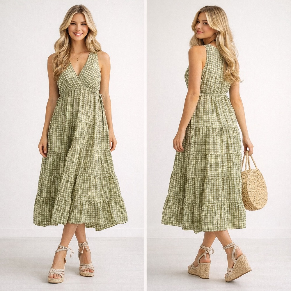 Max Studio NWT Plaid Sleeveless Empire Waist Tiered Midi Dress